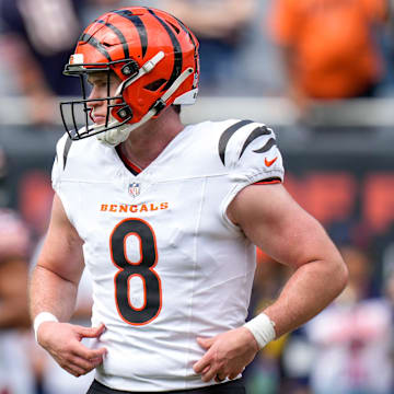 Cincinnati Bengals punter Ryan Rehkow (8) takes reps during warmups before the NFL Preseason Week 2 game between the Chicago Bears and the Cincinnati Bengals at Soldier Field in downtown Chicago on Saturday, Aug. 17, 2024.