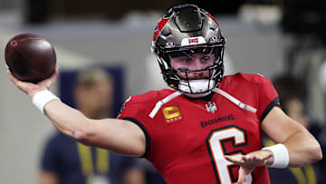 Dec 22, 2024; Arlington, Texas, USA; Tampa Bay Buccaneers quarterback Baker Mayfield (6) throws a pass before the game against the Dallas Cowboys at AT&T Stadium. Mandatory Credit: Tim Heitman-Imagn Images