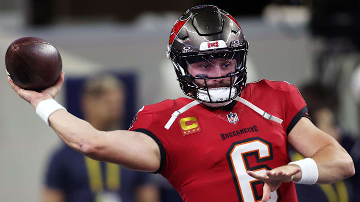 Dec 22, 2024; Arlington, Texas, USA; Tampa Bay Buccaneers quarterback Baker Mayfield (6) throws a pass before the game against the Dallas Cowboys at AT&T Stadium. Mandatory Credit: Tim Heitman-Imagn Images Dec 22, 2024; Arlington, Texas, USA; Tampa Bay Buccaneers quarterback Baker Mayfield (6) throws a pass before the game against the Dallas Cowboys at AT&T Stadium. Mandatory Credit: Tim Heitman-Imagn Images