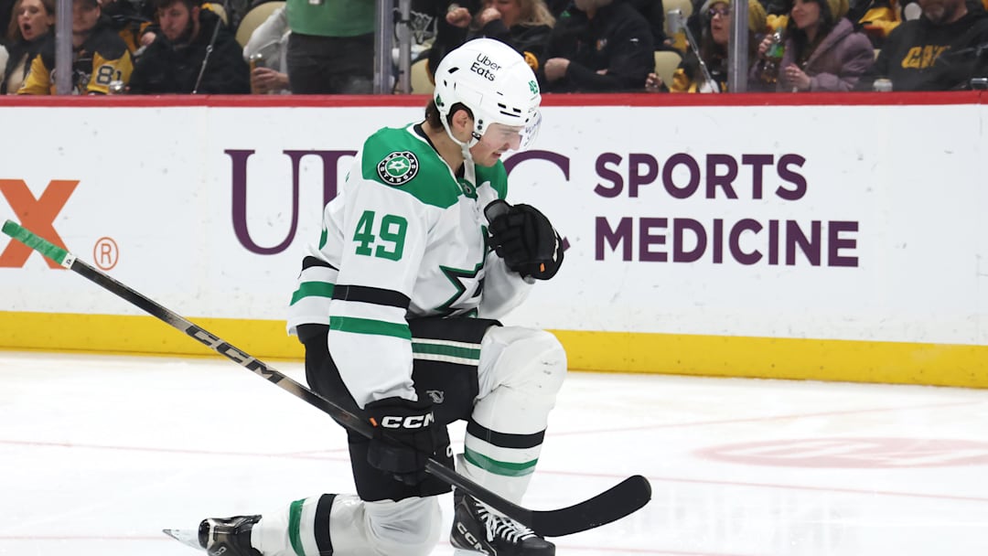 Mar 28, 2026; Pittsburgh, Pennsylvania, USA;  Dallas Stars center Justin Hryckowian (49) celebrates after scoring a goal against the Pittsburgh Penguins during the second period at PPG Paints Arena. Mandatory Credit: Charles LeClaire-Imagn Images