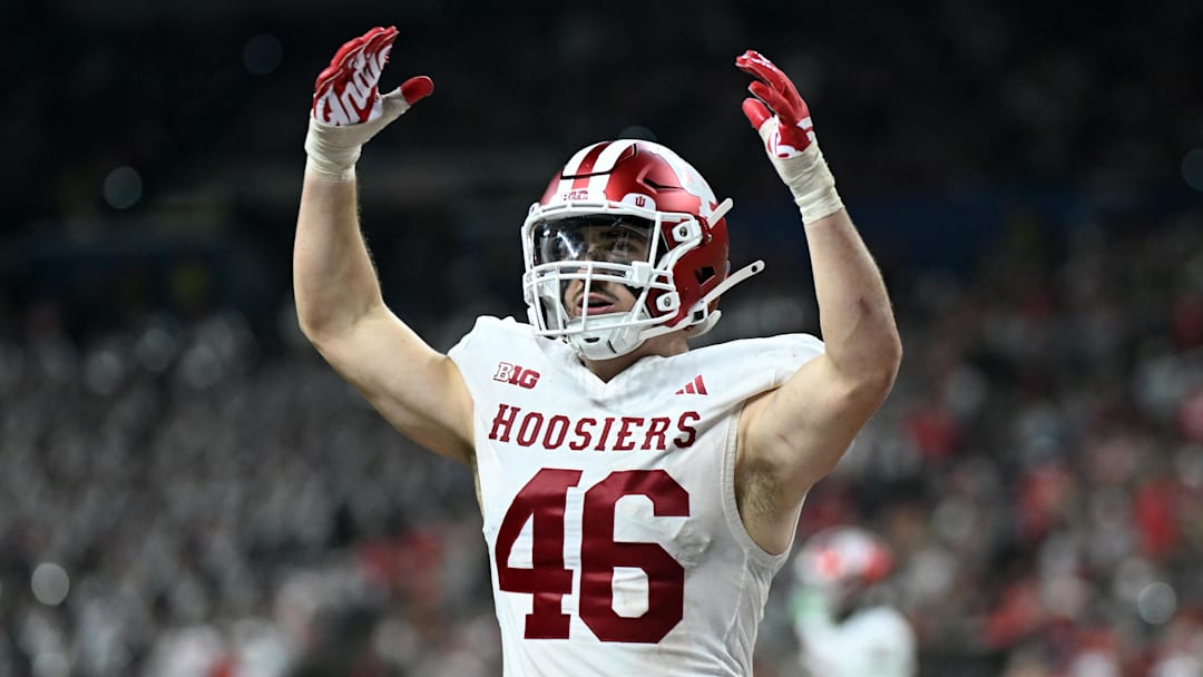 Dec 6, 2025; Indianapolis, IN, USA; Indiana Hoosiers linebacker Isaiah Jones (46) reacts in the third quarter against the Ohio State Buckeyes during the 2025 Big Ten championship game at Lucas Oil Stadium. Mandatory Credit: Robert Goddin-Imagn Images Dec 6, 2025; Indianapolis, IN, USA; Indiana Hoosiers linebacker Isaiah Jones (46) reacts in the third quarter against the Ohio State Buckeyes during the 2025 Big Ten championship game at Lucas Oil Stadium. Mandatory Credit: Robert Goddin-Imagn Images