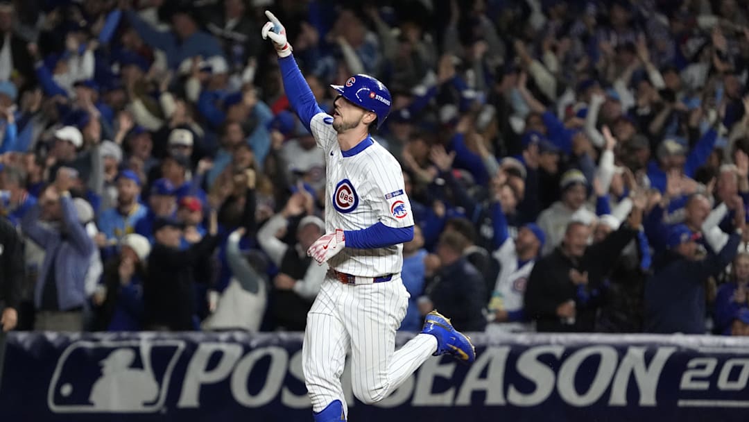 Oct 9, 2025; Chicago, Illinois, USA; Chicago Cubs right fielder Kyle Tucker (30) reacts after hitting a home run against the Milwaukee Brewers during the seventh inning for game four of the NLDS round for the 2025 MLB playoffs at Wrigley Field. Mandatory Credit: David Banks-Imagn Images