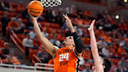 Oklahoma State Cowboys forward Patrick Suemnick (24) goes past Green Bay Phoenix forward Marcus Hall (13) during a college basketball game between the Oklahoma State Cowboys (OSU) and the Green Bay Phoenix at Gallagher-Iba Arena in Stillwater, Okla., Monday, Nov. 4, 2024.