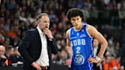 [US, Mexico & Canada customers only] Feb 15, 2025 Caen, FRANCE; St Quentin point guard Nolan Traore with coach Julien Mahe against Le Mans in a Leaders Cup match. Mandatory Credit: Franck Faugere/Presse Sports via Imagn Images