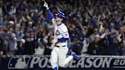 Oct 9, 2025; Chicago, Illinois, USA; Chicago Cubs right fielder Kyle Tucker (30) reacts after hitting a home run against the Milwaukee Brewers during the seventh inning for game four of the NLDS round for the 2025 MLB playoffs at Wrigley Field. Mandatory Credit: David Banks-Imagn Images
