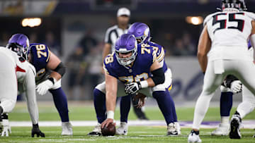 Ryan Kelly snaps the ball against the Atlanta Falcons.