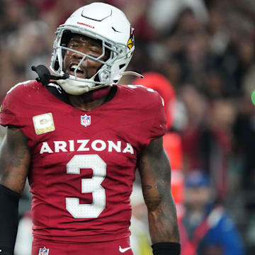 Arizona Cardinals safety Budda Baker (3) celebrates a defensive stop during their 25-23 win over the Atlanta Falcons at State Farm Stadium on Nov. 12, 2023, in Glendale.