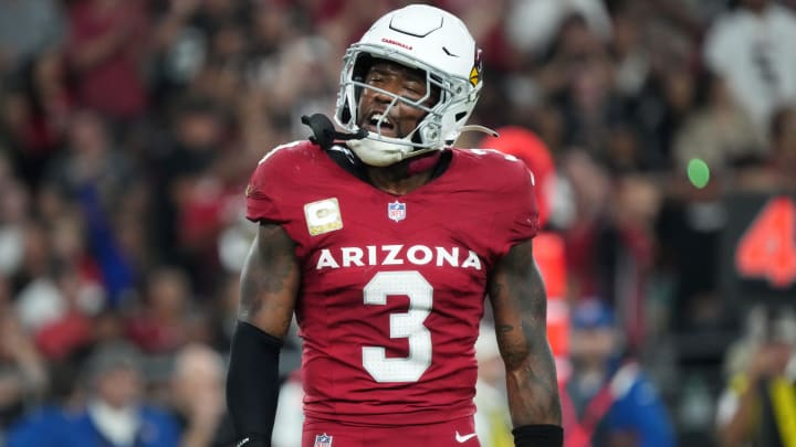 Arizona Cardinals safety Budda Baker (3) celebrates a defensive stop during their 25-23 win over the Atlanta Falcons at State Farm Stadium on Nov. 12, 2023, in Glendale.