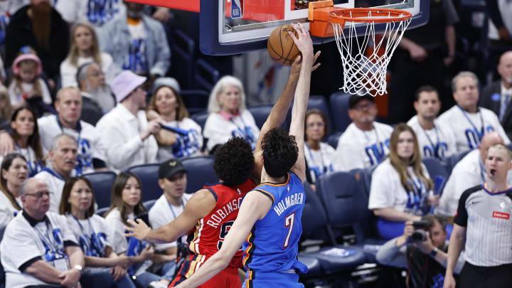 Apr 24, 2024; Oklahoma City, Oklahoma, USA; Oklahoma City Thunder forward Chet Holmgren (7) blocks a shot by New Orleans Pelicans forward Jeremiah Robinson-Earl (50)