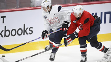 Team USA's Brady Tkachuk and Charlie McAvoy (white) during training for the 4 Nations Face-Off. 