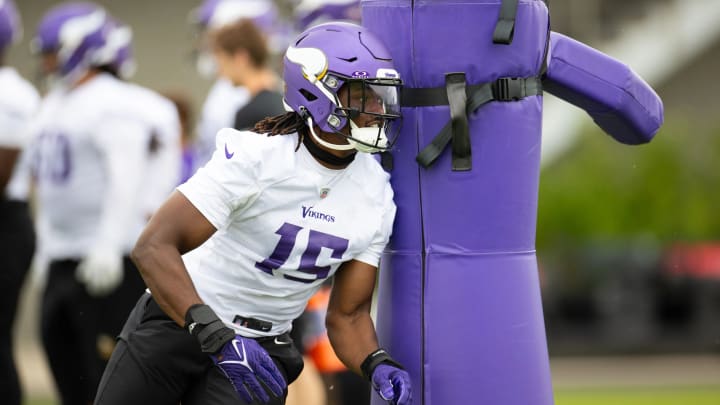 Vikings rookie OLB Dallas Turner at an offseason practice.