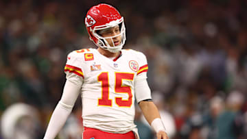 Feb 9, 2025; New Orleans, LA, USA;  Kansas City Chiefs quarterback Patrick Mahomes (15) reacts in the fourth quarter against the Philadelphia Eagles in Super Bowl LIX at Ceasars Superdome. Mandatory Credit: Mark J. Rebilas-Imagn Images