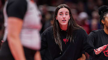 Indiana Fever guard Caitlin Clark (22) looks a the referee on Thursday, July 24, 2025, during the game at Gainbridge Fieldhouse in Indianapolis.