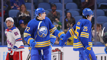 Dec 11, 2024; Buffalo, New York, USA;  Buffalo Sabres center Tage Thompson (72) reacts after scoring a goal during the third period against the New York Rangers at KeyBank Center. Mandatory Credit: Timothy T. Ludwig-Imagn Images