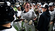 Vanderbilt third baseman Brodie Johnston (9) celebrates his walk-off grand slam against Xavier during the seventh inning at Hawkins Field in Nashville, Tenn., Friday, March 7, 2025. Vanderbilt won 15-3.