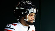 Nov 28, 2025; Philadelphia, Pennsylvania, USA; Chicago Bears quarterback Caleb Williams (18) looks on during warmups prior to the game against the Philadelphia Eagles at Lincoln Financial Field. 