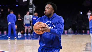 Apr 1, 2025; New York, New York, USA; New York Knicks forward OG Anunoby (8) warms up before a game against the Philadelphia 76ers at Madison Square Garden. Mandatory Credit: John Jones-Imagn Images