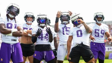 Vikings defenders, including Josh Metellus (44), Dallas Turner (15) and Ivan Pace Jr. (0). 