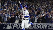 Oct 9, 2025; Chicago, Illinois, USA; Chicago Cubs right fielder Kyle Tucker (30) reacts after hitting a home run against the Milwaukee Brewers during the seventh inning for game four of the NLDS round for the 2025 MLB playoffs at Wrigley Field. Mandatory Credit: David Banks-Imagn Images