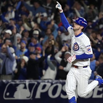 Oct 9, 2025; Chicago, Illinois, USA; Chicago Cubs right fielder Kyle Tucker (30) reacts after hitting a home run against the Milwaukee Brewers during the seventh inning for game four of the NLDS round for the 2025 MLB playoffs at Wrigley Field. Mandatory Credit: David Banks-Imagn Images