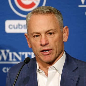 Jan 12, 2024; Chicago, IL, USA; Chicago Cubs president of baseball operations Jed Hoyer talks to the media after introducing pitcher Shota Imanaga (not pictured) during a press conference at Loews Chicago Hotel.