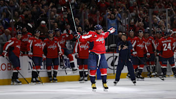 Apr 4, 2025; Washington, District of Columbia, USA; Washington Capitals left wing Alex Ovechkin (8) celebrates after scoring a goal against the Chicago Blackhawks in the third period at Capital One Arena. The goal is the 894th of his career, tying Wayne Gretzky for most all-time goals scored in the NHL. Mandatory Credit: Geoff Burke-Imagn Images