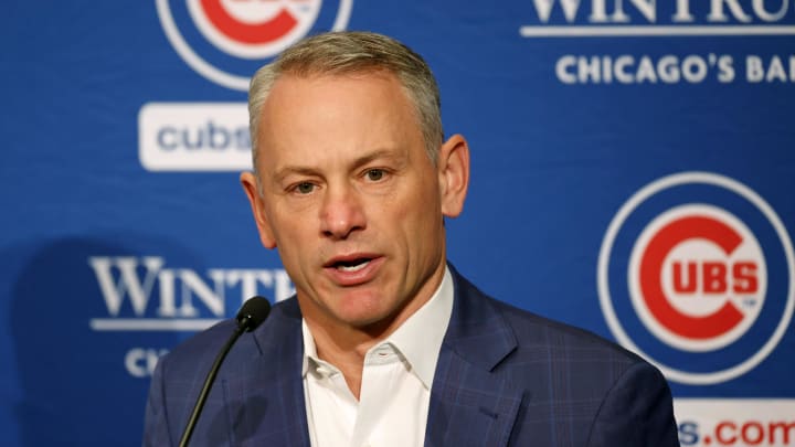 Jan 12, 2024; Chicago, IL, USA; Chicago Cubs president of baseball operations Jed Hoyer talks to the media after introducing pitcher Shota Imanaga (not pictured) during a press conference at Loews Chicago Hotel.