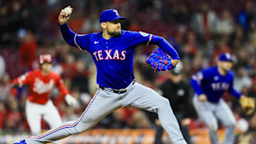 Apr 1, 2025; Cincinnati, Ohio, USA; Texas Rangers starting pitcher Nathan Eovaldi (17) pitches against the Cincinnati Reds in the ninth inning at Great American Ball Park. 