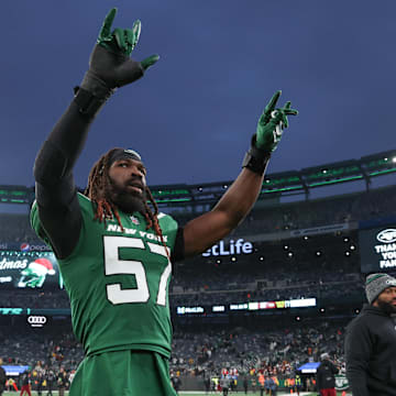 Dec 24, 2023; East Rutherford, New Jersey, USA; New York Jets linebacker C.J. Mosley (57) gestures to fans after the game against the Washington Commanders at MetLife Stadium.