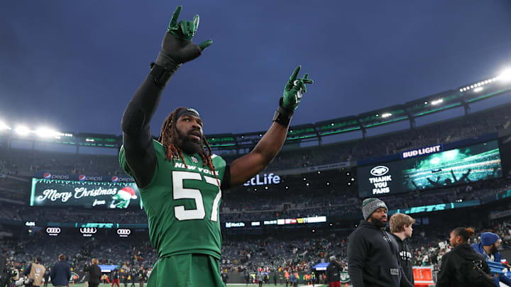 Dec 24, 2023; East Rutherford, New Jersey, USA; New York Jets linebacker C.J. Mosley (57) gestures to fans after the game against the Washington Commanders at MetLife Stadium.