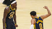 Oct 30, 2024; Indianapolis, Indiana, USA; Indiana Pacers forward Pascal Siakam (43) and guard Tyrese Haliburton (0) celebrate Siakam’s game-winning three point basket against the Boston Celtics at Gainbridge Fieldhouse. Mandatory Credit: Grace Smith-Imagn Images