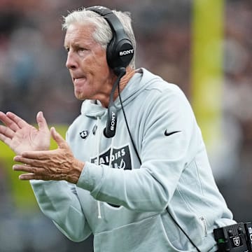 Nov 2, 2025; Paradise, Nevada, USA; Las Vegas Raiders head coach Pete Carroll looks on during the first half against the Jacksonville Jaguars at Allegiant Stadium. Mandatory Credit: Kirby Lee-Imagn Images