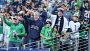 Oct 26, 2024; East Rutherford, New Jersey, USA; Notre Dame Fighting Irish celebrate after the game against the Navy Midshipmen at MetLife Stadium. 