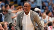 Nov 4, 2024; Chapel Hill, North Carolina, USA;  North Carolina Tar Heels head coach Hubert Davis reacts in the first half at Dean E. Smith Center. Mandatory Credit: Bob Donnan-Imagn Images