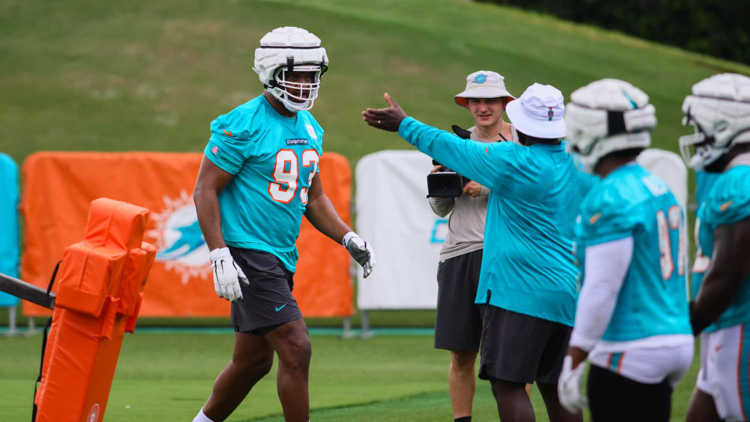 Jul 24, 2024; Miami Gardens, FL, USA; Miami Dolphins defensive tackle Calais Campbell (93) works out during training camp at Baptist Health Training Complex.