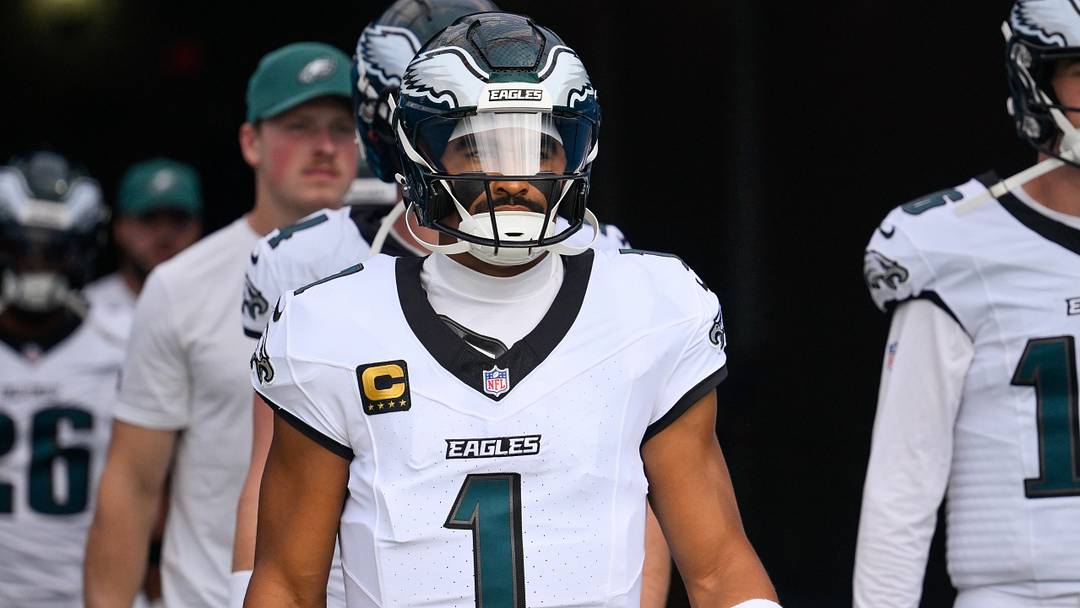Sep 20, 2026; Nashville, Tennessee, USA; Philadelphia Eagles quarterback Jalen Hurts (1) takes the field during pre-game warmups against the Tennessee Titans at Nissan Stadium. Mandatory Credit: Steve Roberts-Imagn Images