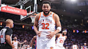 Apr 29, 2025; New York, New York, USA; New York Knicks center Karl-Anthony Towns (32) reacts after being called for a foul in the fourth quarter against the Detroit Pistons during game five of first round for the 2025 NBA Playoffs at Madison Square Garden. Mandatory Credit: Wendell Cruz-Imagn Images