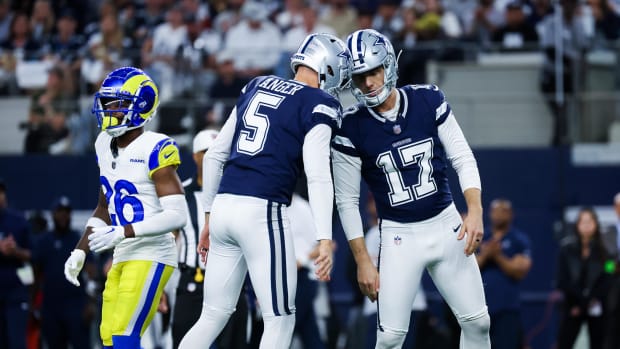 Dallas Cowboys place kicker Brandon Aubrey (17) celebrates with Dallas Cowboys punter Bryan Anger (5) after kicking a field g