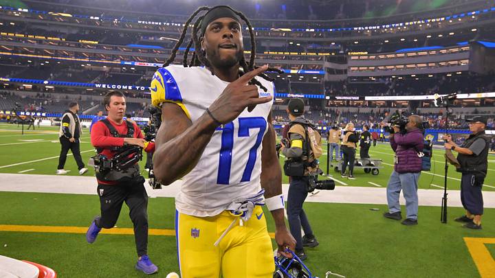 Nov 23, 2025; Inglewood, California, USA; Los Angeles Rams wide receiver Davante Adams (17) leaves the field after the game against the Tampa Bay Buccaneers at SoFi Stadium. Mandatory Credit: Jayne Kamin-Oncea-Imagn Images