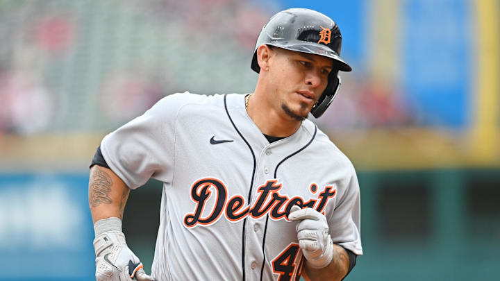 Apr 11, 2021; Cleveland, Ohio, USA; Detroit Tigers catcher Wilson Ramos (40) rounds the bases after hitting a home run during the seventh inning against the Cleveland Indians at Progressive Field. Mandatory Credit: Ken Blaze-Imagn Images