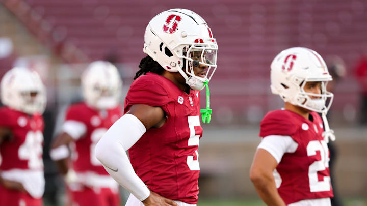 Aug 30, 2024; Stanford, California, USA; Stanford Cardinal safety Jay Green (5) warms up before the game against the TCU Horned Frogs at Stanford Stadium. Mandatory Credit: Sergio Estrada-Imagn Images