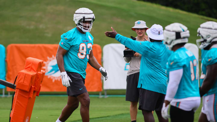 Jul 24, 2024; Miami Gardens, FL, USA; Miami Dolphins defensive tackle Calais Campbell (93) works out during training camp at Baptist Health Training Complex.