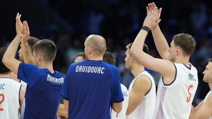 Aug 3, 2024; Villeneuve-d'Ascq, France; Serbia players react after defeating South Sudan during the Paris 2024 Olympic Summer Games at Stade Pierre-Mauroy. Mandatory Credit: John David Mercer-USA TODAY Sports