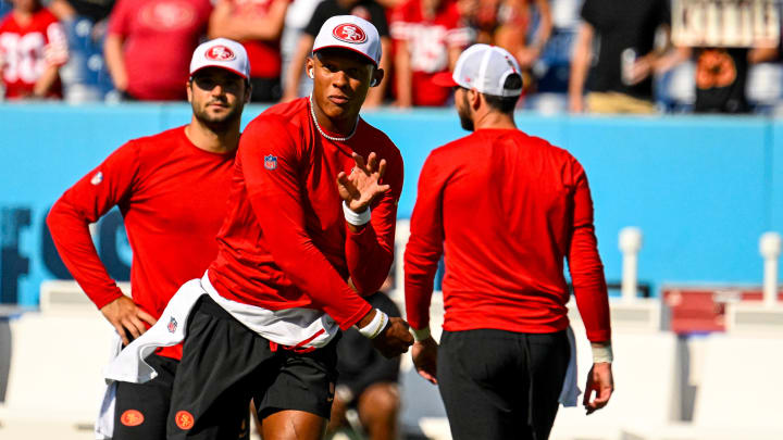 Aug 10, 2024; Nashville, Tennessee, USA;  San Francisco 49ers quarterback Joshua Dobbs (5) throws during pregame at Nissan Stadium. Mandatory Credit: Steve Roberts-USA TODAY Sports