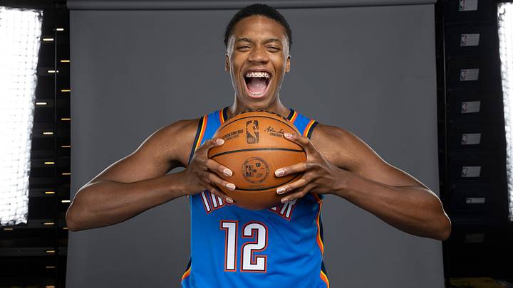 Sep 29, 2025; Oklahoma City, OK, USA; Oklahoma City Thunder center Thomas Sorber (12)  poses for a photo during the 2025 Oklahoma City Thunder media day at Paycom Center. Mandatory Credit: Alonzo Adams-Imagn Images