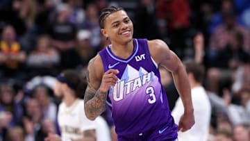 Mar 2, 2025; Salt Lake City, Utah, USA; Utah Jazz guard Keyonte George reacts to a shot against the New Orleans Pelicans during the second half at Delta Center. Mandatory Credit: Rob Gray-Imagn Images