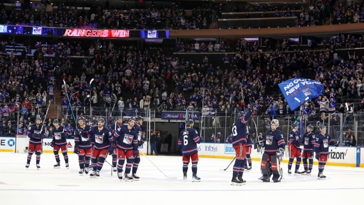Mar 9, 2024; New York, New York, USA; The New York Rangers salute the fans after as 4-0 win against