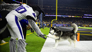 Jan 8, 2024; Houston, TX, USA; Washington Huskies mascot Harry the Husky (left) greets dog Dubs II during the 2024 College Football Playoff national championship game at NRG Stadium. Mandatory Credit: Mark J. Rebilas-USA TODAY Sports