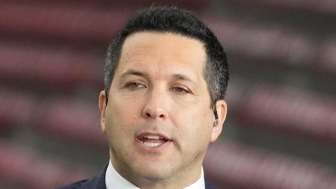 Jan 8, 2024; Houston, TX, USA; Adam Schefter talks on a set before the 2024 College Football Playoff national championship game between the Michigan Wolverines and the Washington Huskies at NRG Stadium. Mandatory Credit: Kirby Lee-Imagn Images
