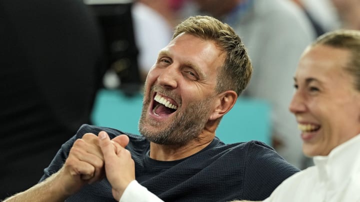 Aug 7, 2024; Paris, France; Former NBA player Dirk Nowitzki looks on from the sideline during the game between Germany and France in the women’s basketball quarterfinals during the Paris 2024 Olympic Summer Games at Accor Arena. Mandatory Credit: Kyle Terada-USA TODAY Sports